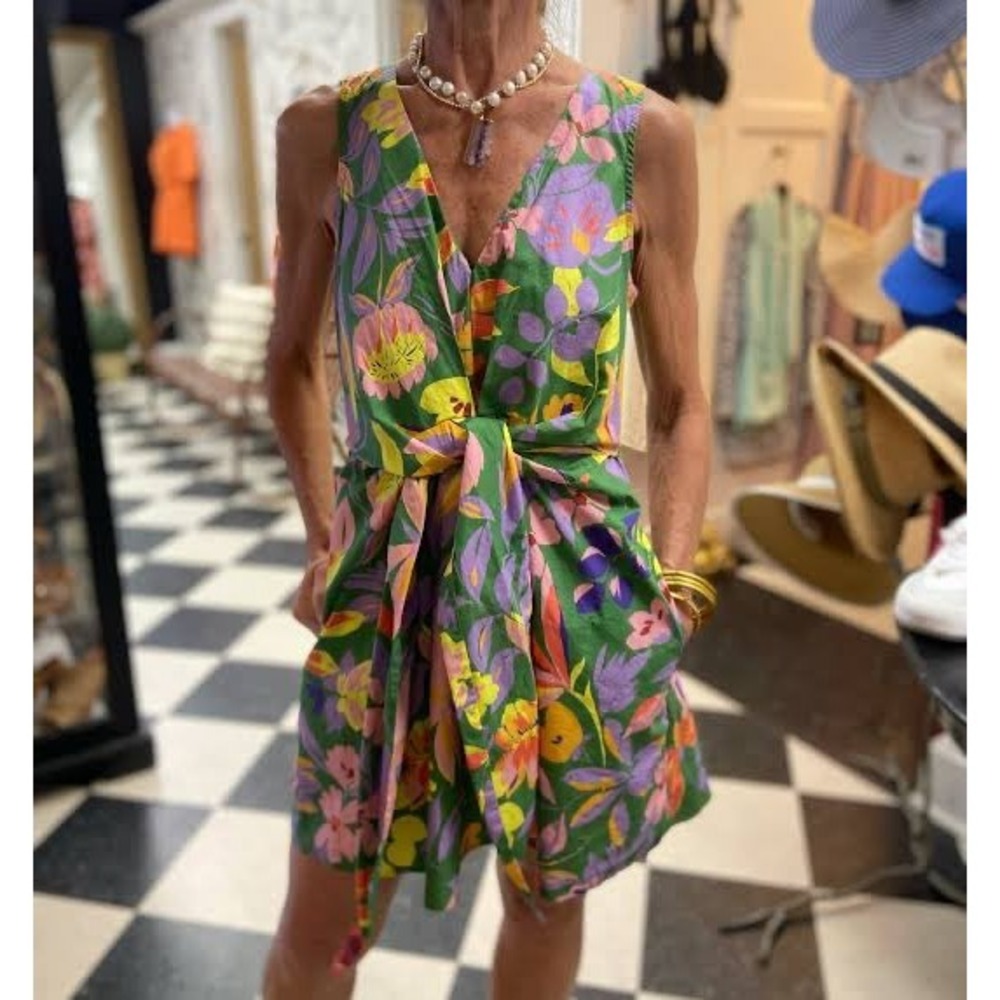 Corey Lynn Calter Organic Cotton Poplin‎ Floral Tie Front Mini Dress Green Small